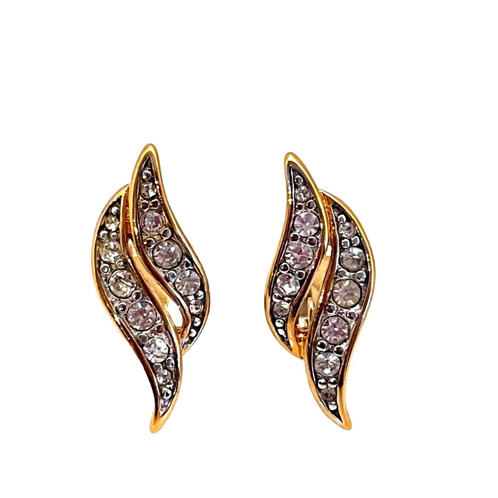 Vintage 1980s Monet Crystal Earrings Gold Tone Clip Ons - 5F